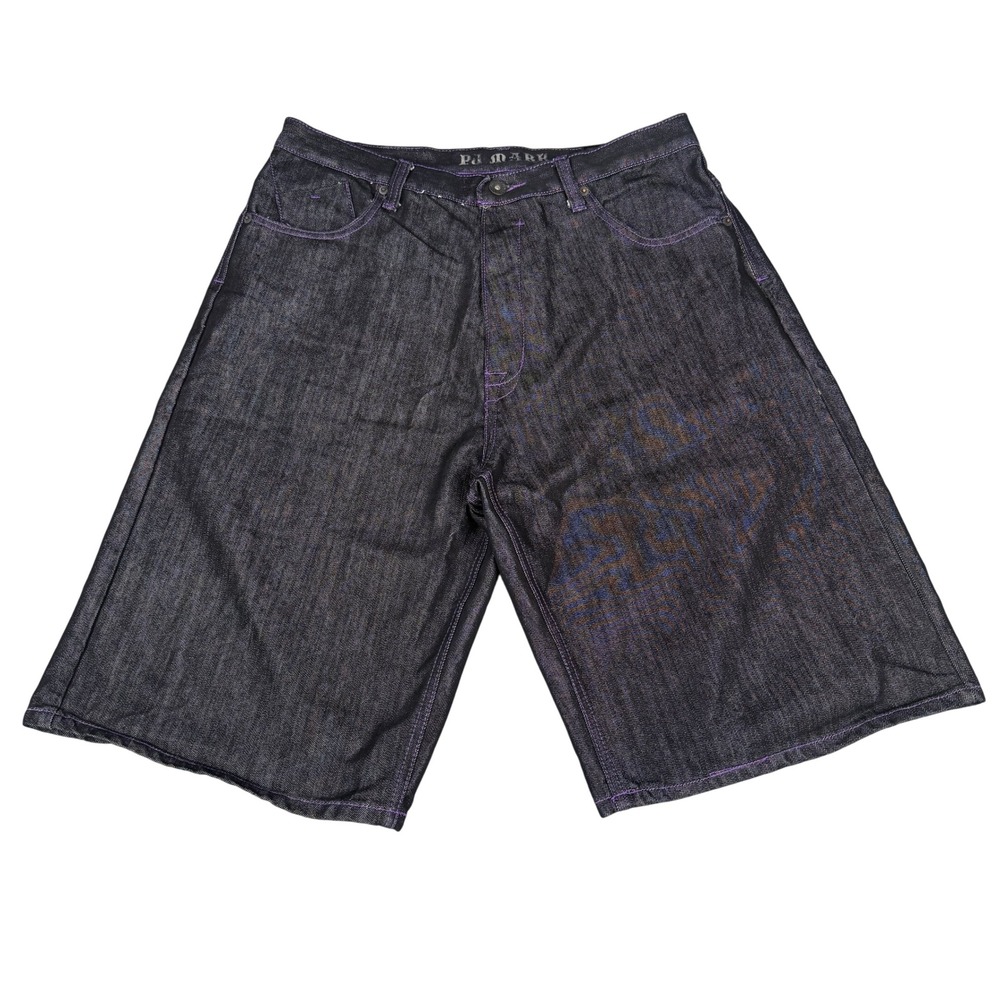 PJ Mark Jean Shorts Mens 38 Black Purple Stitch Jorts Y2K Baggy Hip Hop Skater